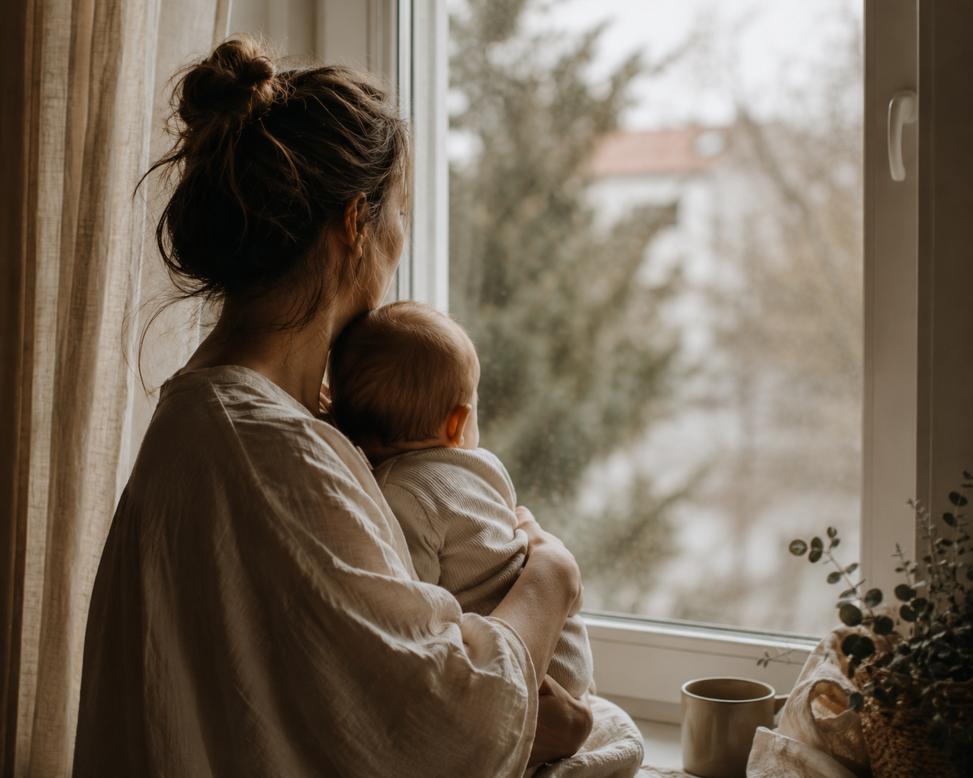 Madre sosteniendo a su bebé mirando por la ventana